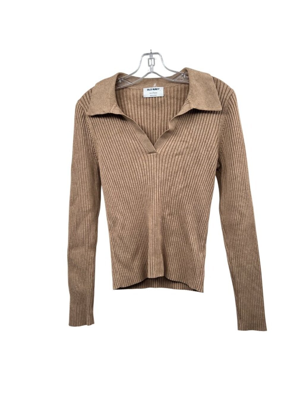 Old Navy Womens Collared Sweater Tan Ribbed V-Neck Size Large